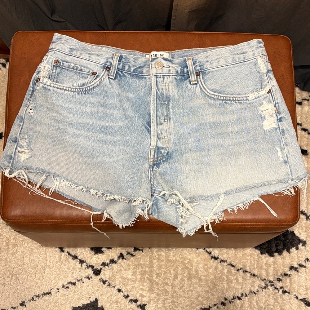 Agolde Faded Blue Frayed Jean Shorts